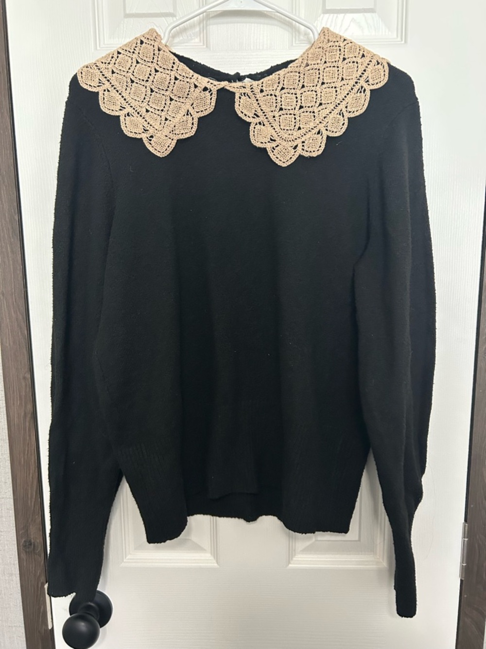 Black Sweater with Crochet Cream Collar - Women's Cardigan-Style Pullover